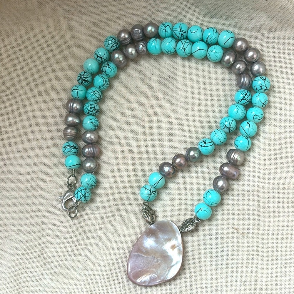 Turquoise Baroque Mother of Pearl Beaded Necklace Silver Fish